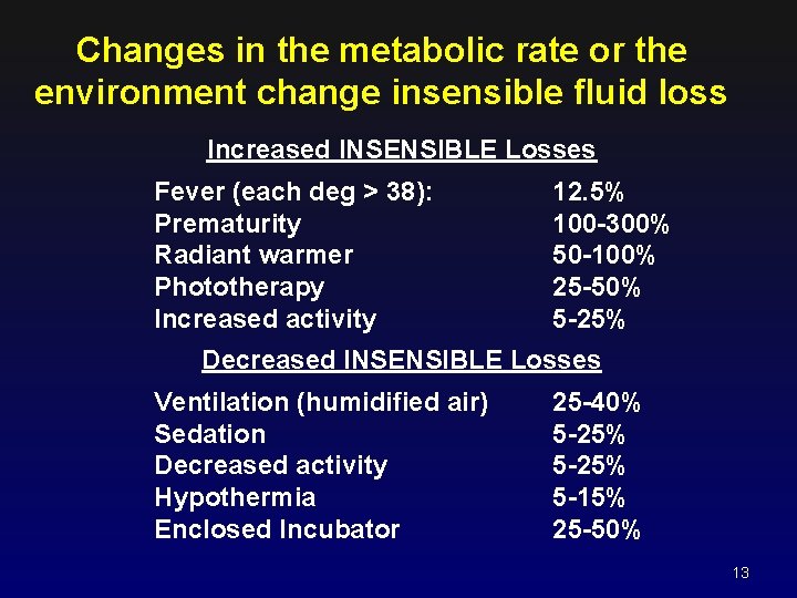 Changes in the metabolic rate or the environment change insensible fluid loss Increased INSENSIBLE