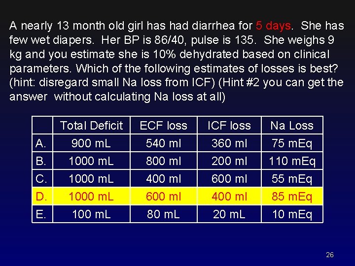 A nearly 13 month old girl has had diarrhea for 5 days. She has