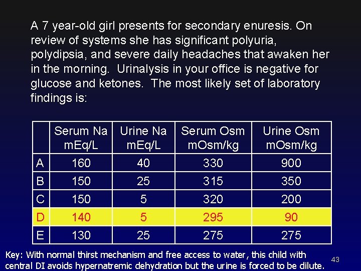 A 7 year-old girl presents for secondary enuresis. On review of systems she has