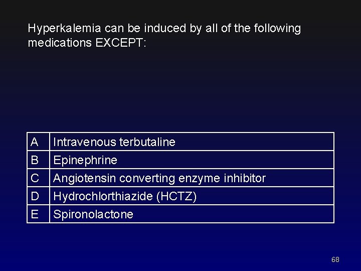 Hyperkalemia can be induced by all of the following medications EXCEPT: A B C