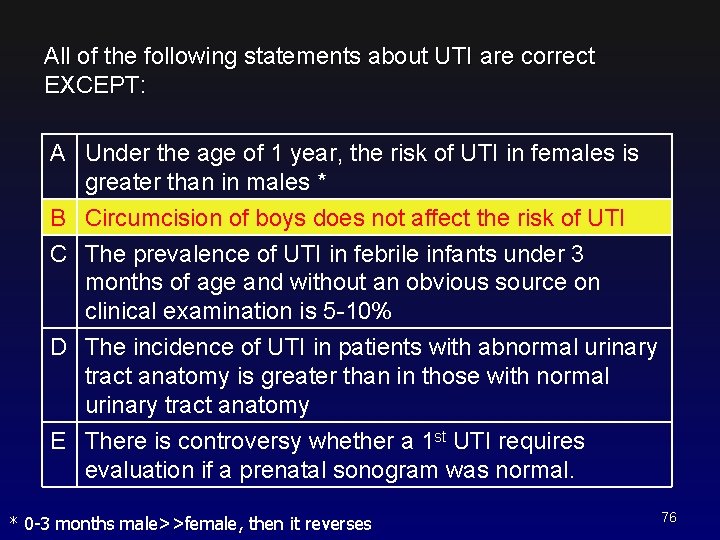 All of the following statements about UTI are correct EXCEPT: A Under the age