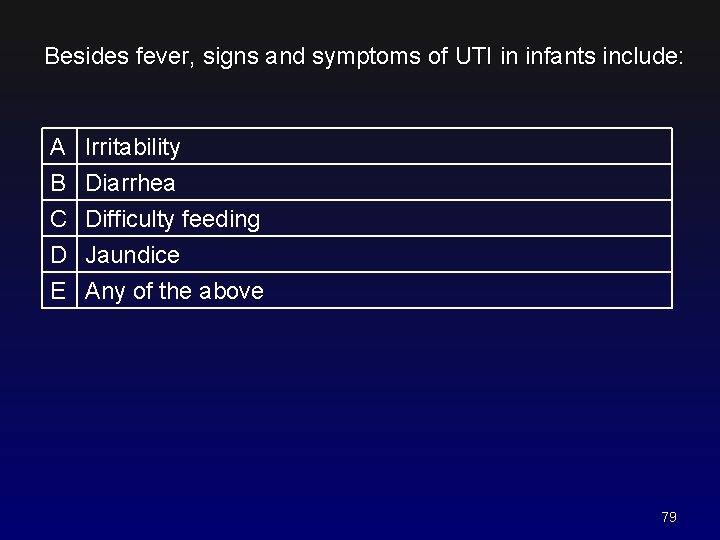 Besides fever, signs and symptoms of UTI in infants include: A B C D