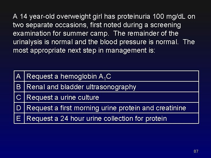 A 14 year-old overweight girl has proteinuria 100 mg/d. L on two separate occasions,