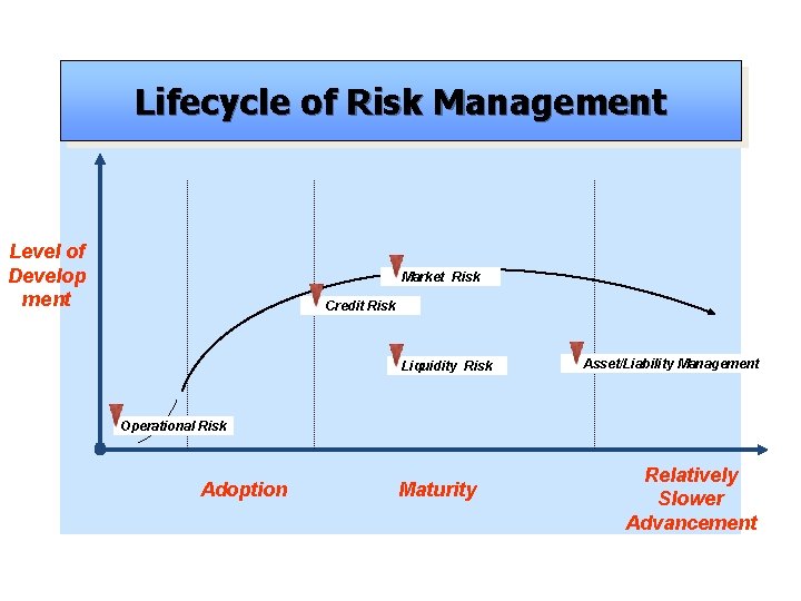 Lifecycle of Risk Management Level of Develop ment Market Risk Credit Risk Liquidity Risk