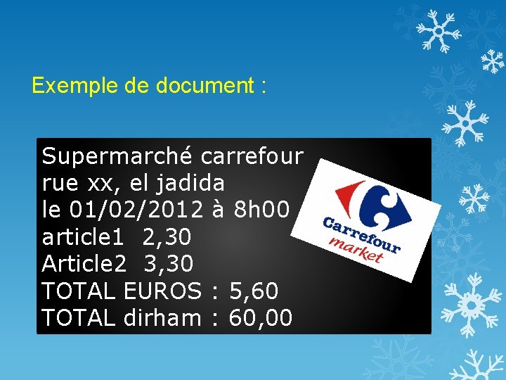 Exemple de document : Supermarché carrefour rue xx, el jadida le 01/02/2012 à 8