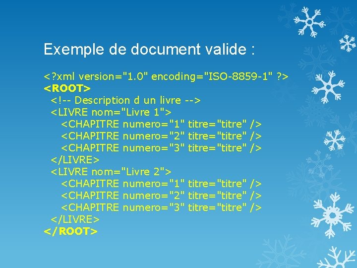 Exemple de document valide : <? xml version="1. 0" encoding="ISO-8859 -1" ? > <ROOT>