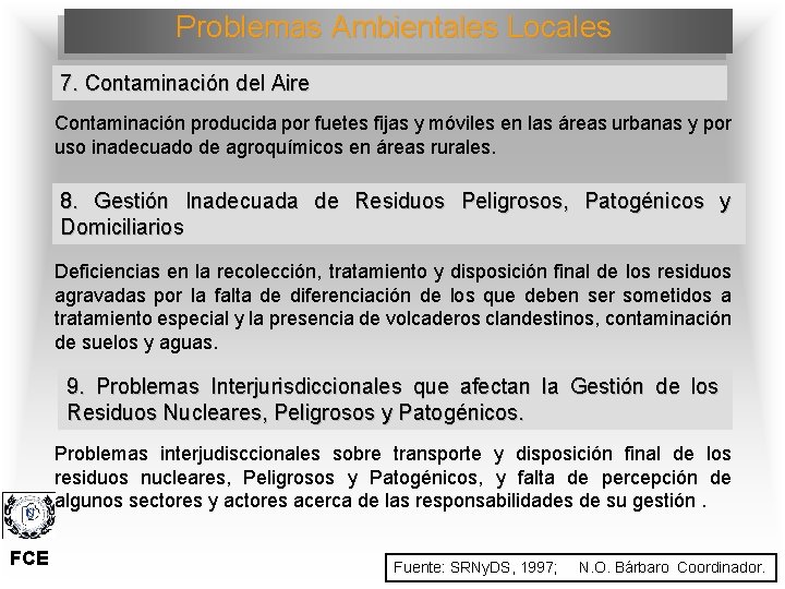 Problemas Ambientales Locales 7. Contaminación del Aire Contaminación producida por fuetes fijas y móviles
