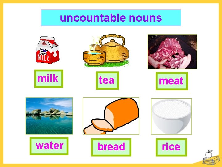 uncountable nouns milk tea meat water bread rice 