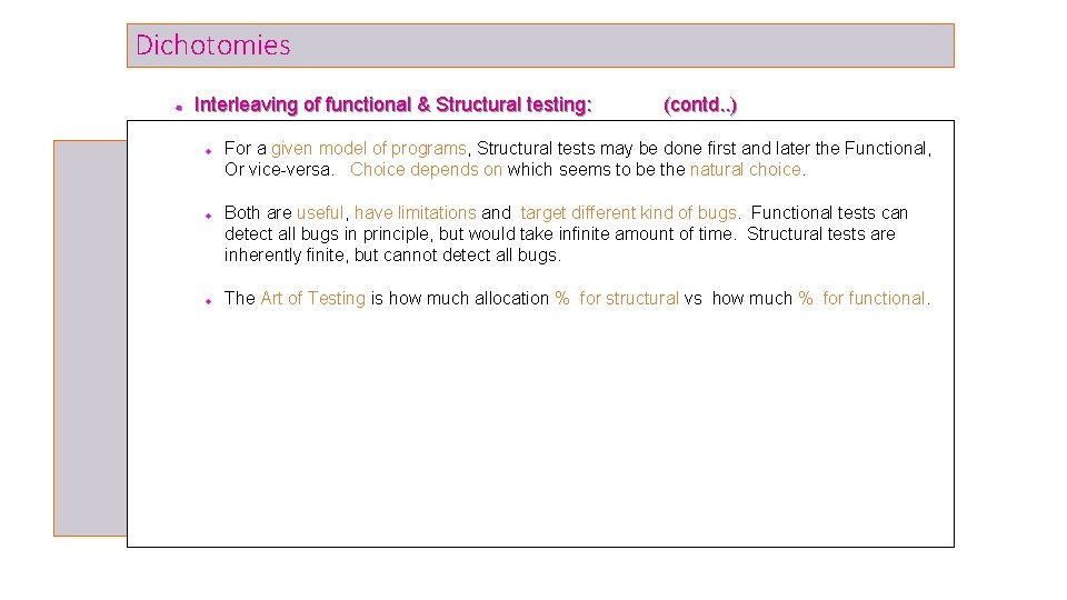 Dichotomies Interleaving of functional & Structural testing: (contd. . ) For a given model Dichotomies Interleaving of functional & Structural testing: (contd. . ) For a given model