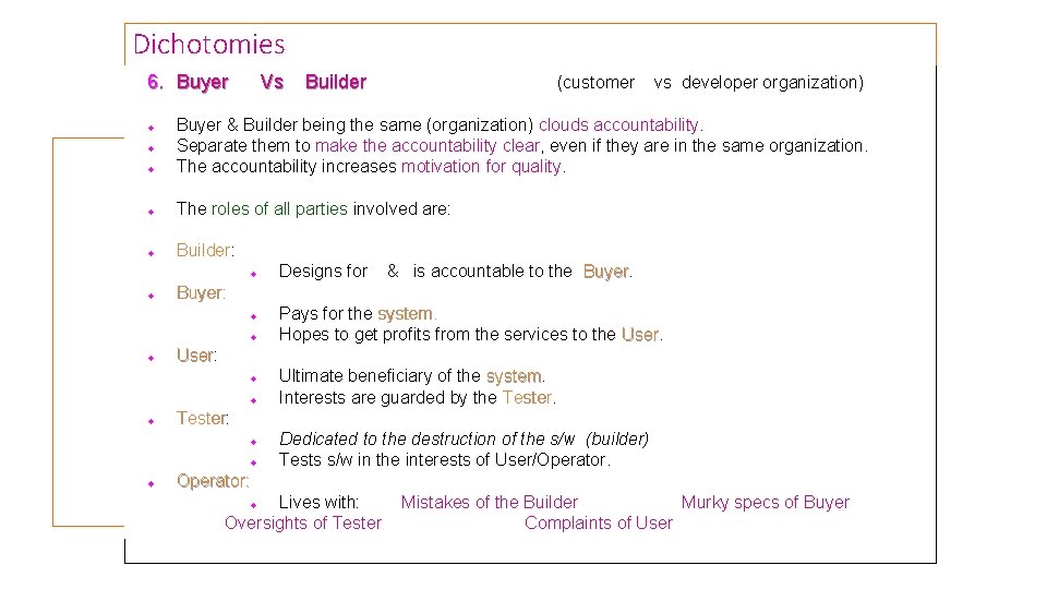 Dichotomies 6. Buyer Vs Builder (customer vs developer organization) Buyer & Builder being the Dichotomies 6. Buyer Vs Builder (customer vs developer organization) Buyer & Builder being the