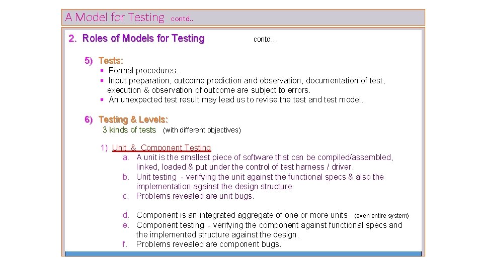 A Model for Testing contd. . 2. Roles of Models for Testing contd. . A Model for Testing contd. . 2. Roles of Models for Testing contd. .