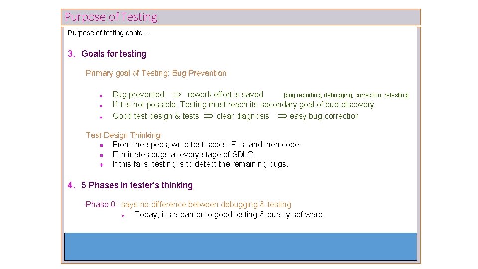 Purpose of Testing Purpose of testing contd… 3. Goals for testing Primary goal of Purpose of Testing Purpose of testing contd… 3. Goals for testing Primary goal of