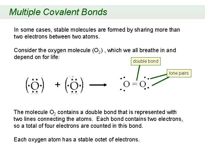 Multiple Covalent Bonds In some cases, stable molecules are formed by sharing more than