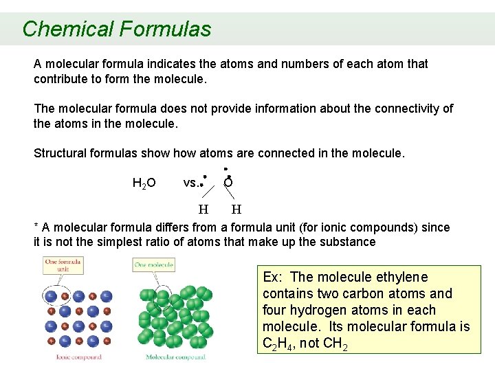 Chemical Formulas A molecular formula indicates the atoms and numbers of each atom that