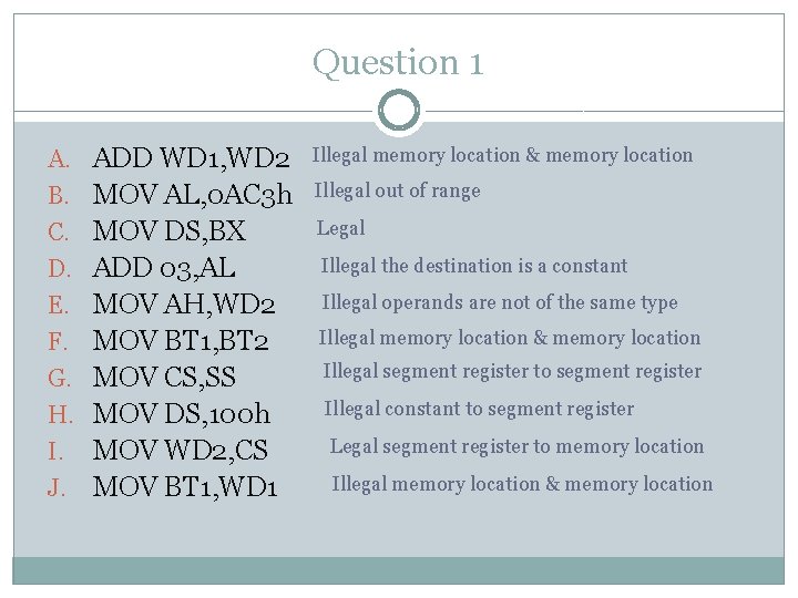 Question 1 A. ADD WD 1, WD 2 Illegal memory location & memory location