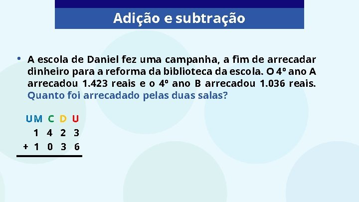 Adição e subtração • A escola de Daniel fez uma campanha, a fim de