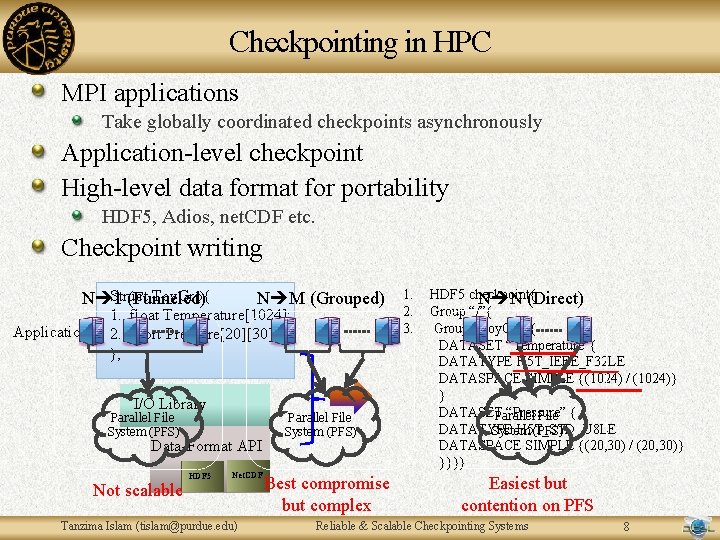 Checkpointing in HPC MPI applications Take globally coordinated checkpoints asynchronously Application-level checkpoint High-level data Checkpointing in HPC MPI applications Take globally coordinated checkpoints asynchronously Application-level checkpoint High-level data