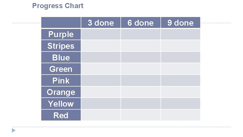 Progress Chart 3 done Purple Stripes Blue Green Pink Orange Yellow Red 6 done