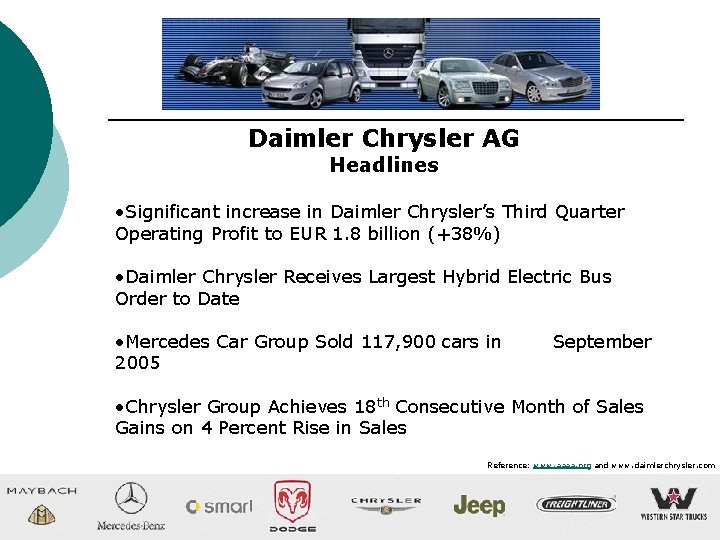 Daimler Chrysler AG Headlines • Significant increase in Daimler Chrysler’s Third Quarter Operating Profit