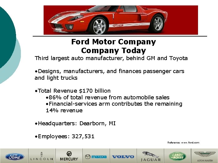 Ford Motor Company Today Third largest auto manufacturer, behind GM and Toyota • Designs,