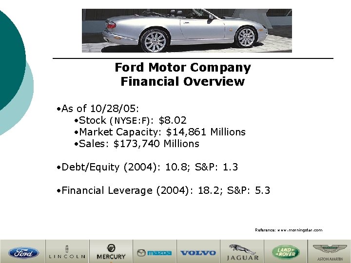 Ford Motor Company Financial Overview • As of 10/28/05: • Stock (NYSE: F): $8.