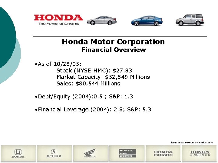Honda Motor Corporation Financial Overview • As of 10/28/05: Stock (NYSE: HMC): $27. 33