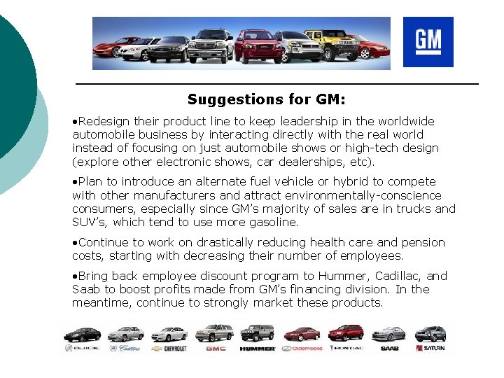 Suggestions for GM: • Redesign their product line to keep leadership in the worldwide