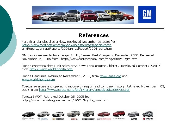 References Ford financial global overview. Retrieved November 03, 2005 from http: //www. ford. com/en/company/investor.