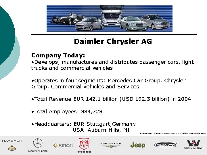 Daimler Chrysler AG Company Today: • Develops, manufactures and distributes passenger cars, light trucks