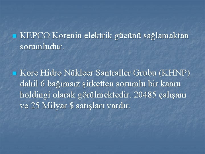 n KEPCO Korenin elektrik gücünü sağlamaktan sorumludur. n Kore Hidro Nükleer Santraller Grubu (KHNP)