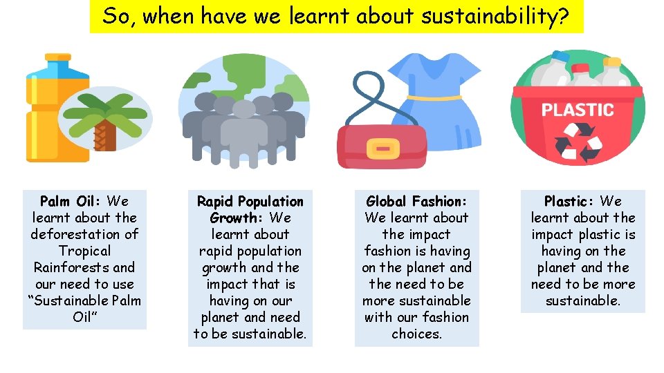 So, when have we learnt about sustainability? Palm Oil: We learnt about the deforestation