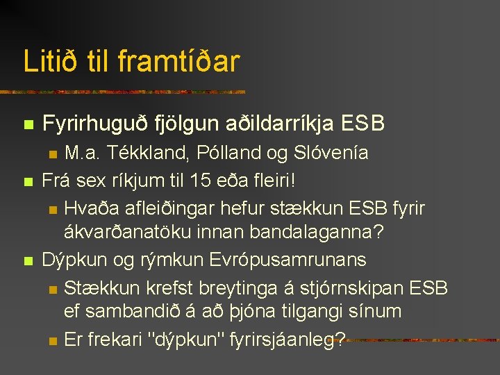 Litið til framtíðar n Fyrirhuguð fjölgun aðildarríkja ESB M. a. Tékkland, Pólland og Slóvenía