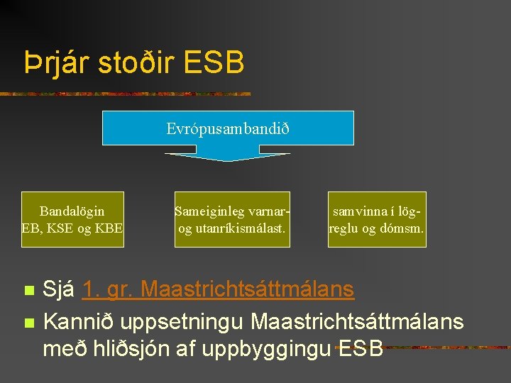 Þrjár stoðir ESB Evrópusambandið Bandalögin EB, KSE og KBE n n Sameiginleg varnarog utanríkismálast.