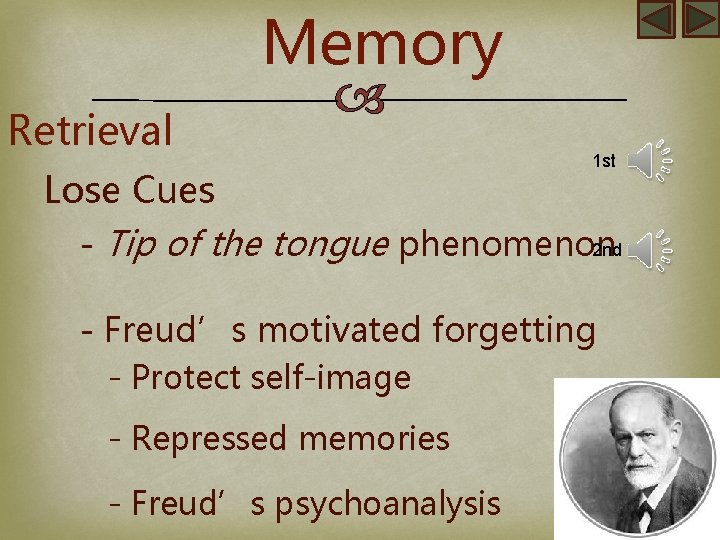 Memory Retrieval 1 st Lose Cues - Tip of the tongue phenomenon 2 nd