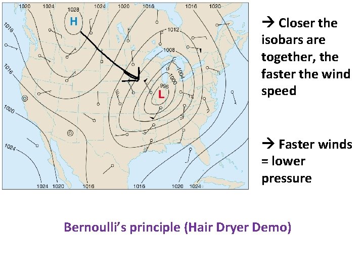  Closer the isobars are together, the faster the wind speed Faster winds =