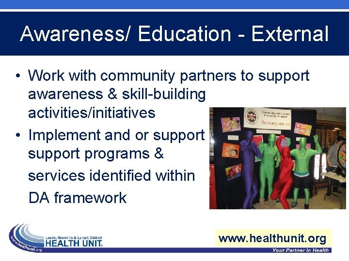 Awareness/ Education - External • Work with community partners to support awareness & skill-building