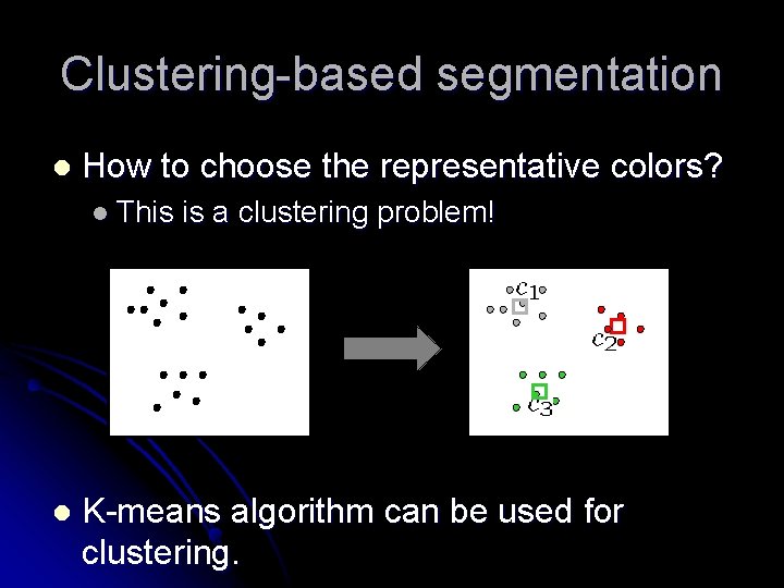 Clustering-based segmentation l How to choose the representative colors? l This l is a
