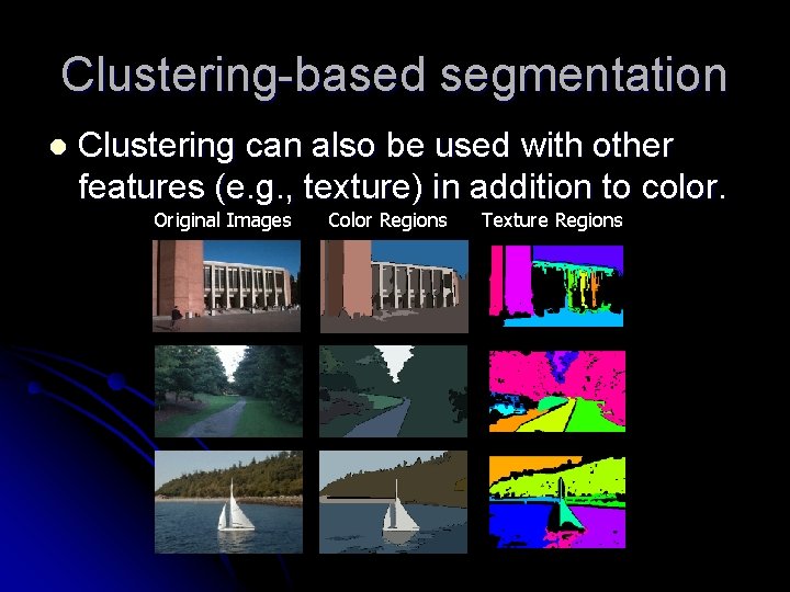 Clustering-based segmentation l Clustering can also be used with other features (e. g. ,