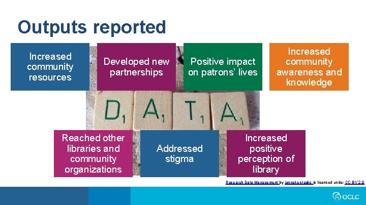 Outputs reported Increased community resources Developed new partnerships Reached other libraries and community organizations