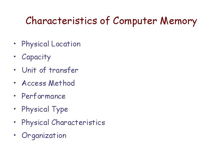 Characteristics of Computer Memory • Physical Location • Capacity • Unit of transfer • Characteristics of Computer Memory • Physical Location • Capacity • Unit of transfer •