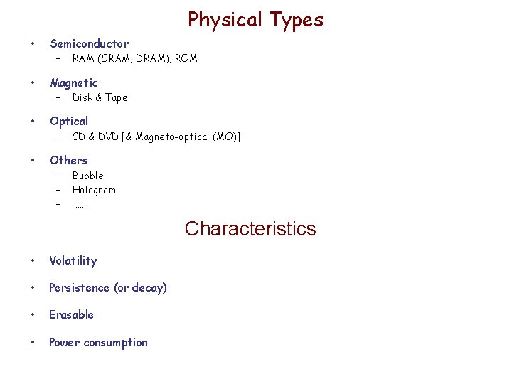 Physical Types • • Semiconductor – RAM (SRAM, DRAM), ROM Magnetic – Disk & Physical Types • • Semiconductor – RAM (SRAM, DRAM), ROM Magnetic – Disk &
