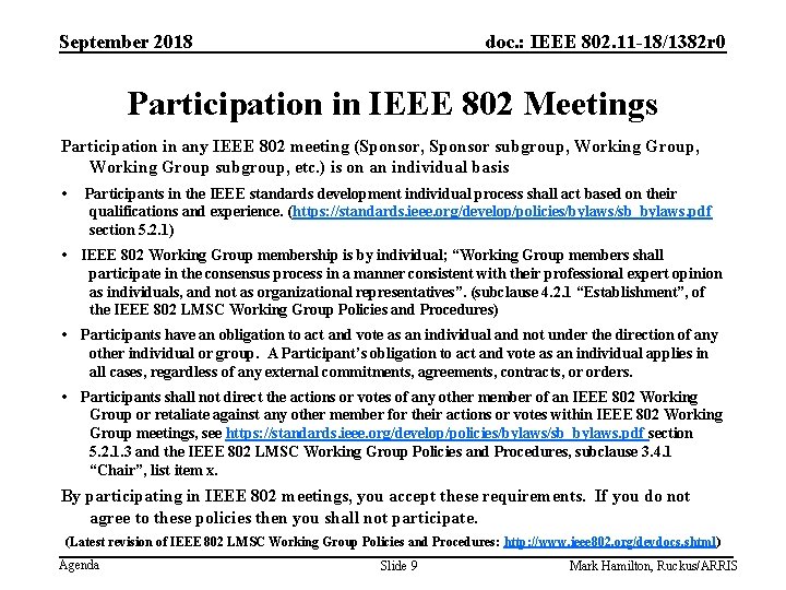 September 2018 doc. : IEEE 802. 11 -18/1382 r 0 Participation in IEEE 802