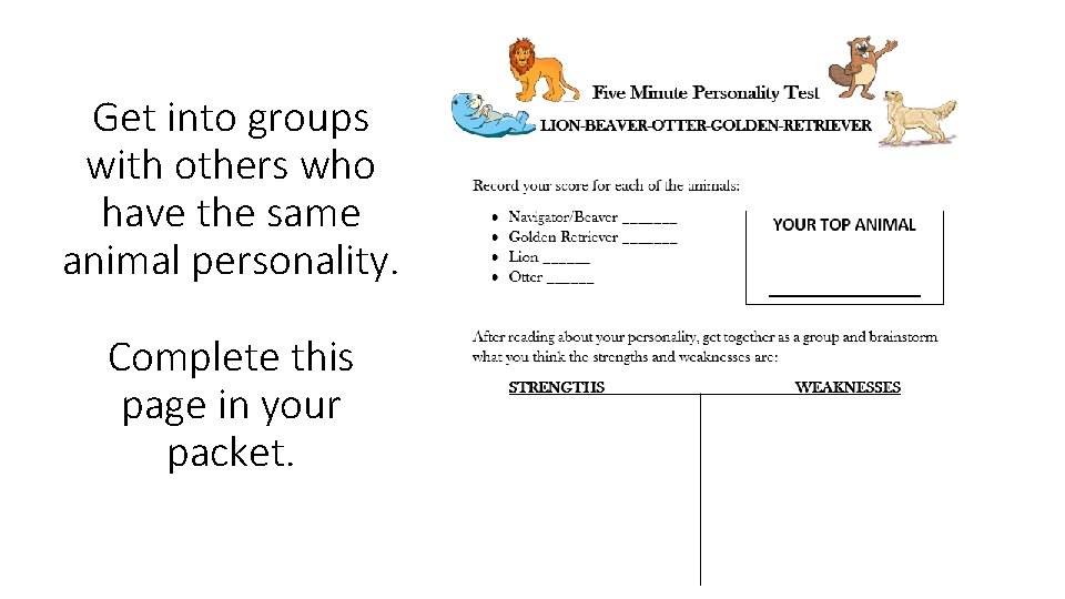 Get into groups with others who have the same animal personality. Complete this page