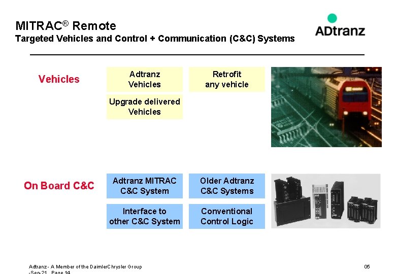 MITRAC® Remote Targeted Vehicles and Control + Communication (C&C) Systems Vehicles Adtranz Vehicles Retrofit