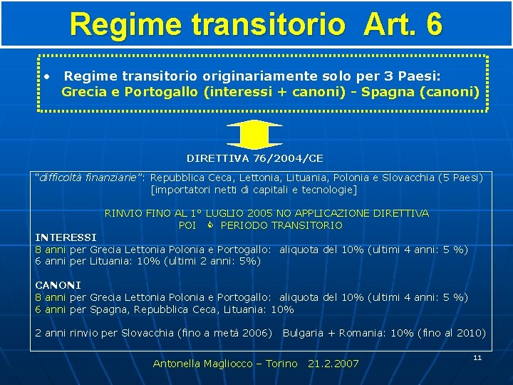 Regime transitorio Art. 6 • Regime transitorio originariamente solo per 3 Paesi: Grecia e