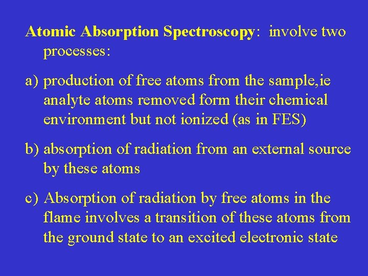 Atomic Absorption Spectroscopy: involve two processes: a) production of free atoms from the sample,