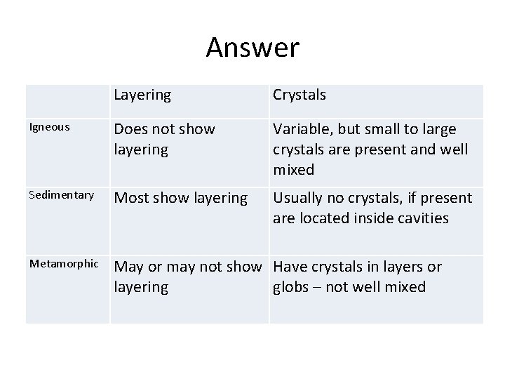 Answer Layering Crystals Igneous Does not show layering Variable, but small to large crystals