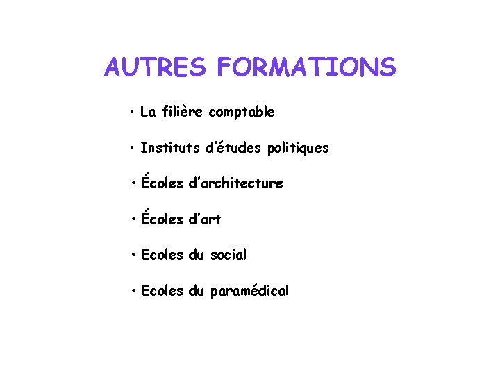 AUTRES FORMATIONS • La filière comptable • Instituts d’études politiques • Écoles d’architecture •