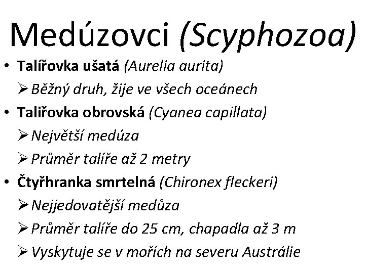 Medúzovci (Scyphozoa) • Talířovka ušatá (Aurelia aurita) Ø Běžný druh, žije ve všech oceánech