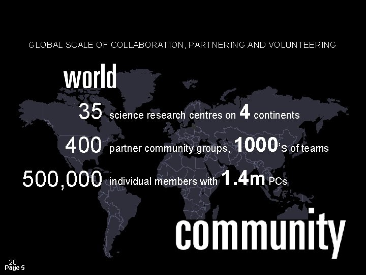 GLOBAL SCALE OF COLLABORATION, PARTNERING AND VOLUNTEERING 35 science research centres on 4 continents